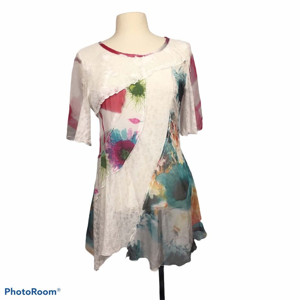 Paris Hues White Pink Mixed Patchwork Tunic Top M